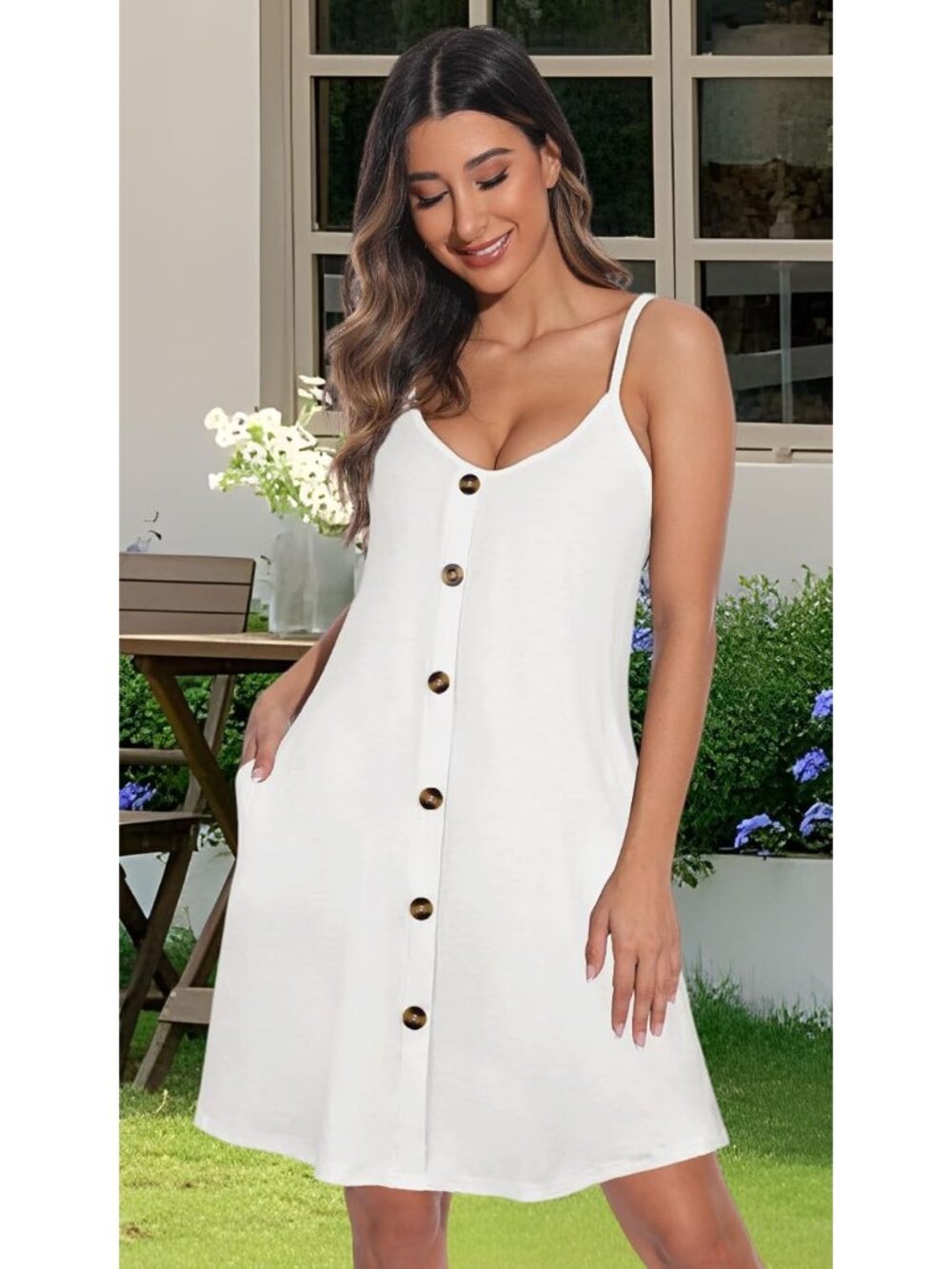 Women's White Summer Dresses Spaghetti Strap Button Down V Neck Sundress Beach - Picture 5 of 7